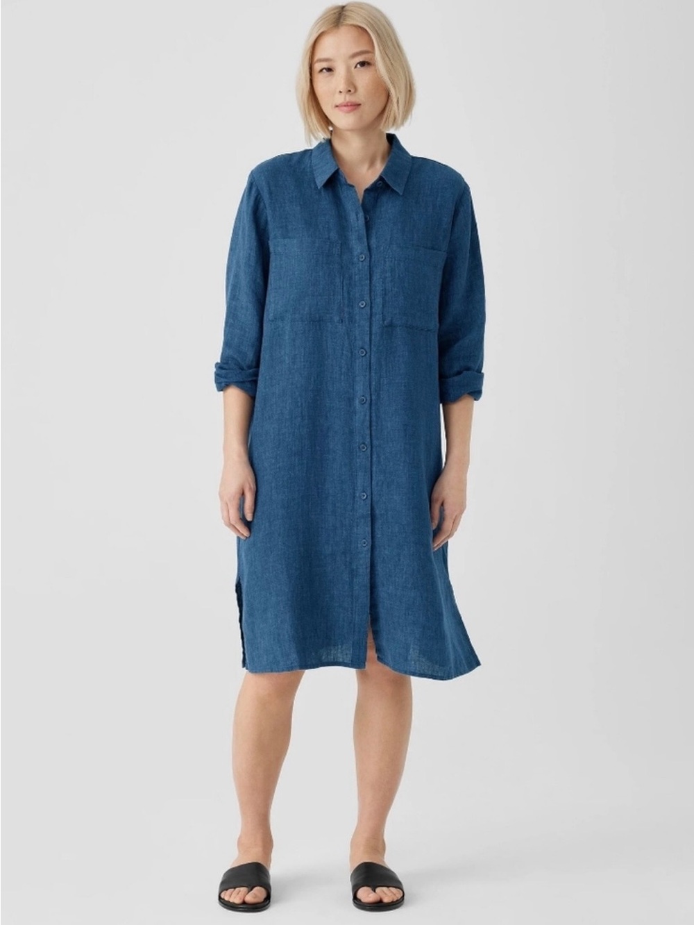 Eileen Fisher Atlantis Blue Organic Linen Delave Shirtdress Large